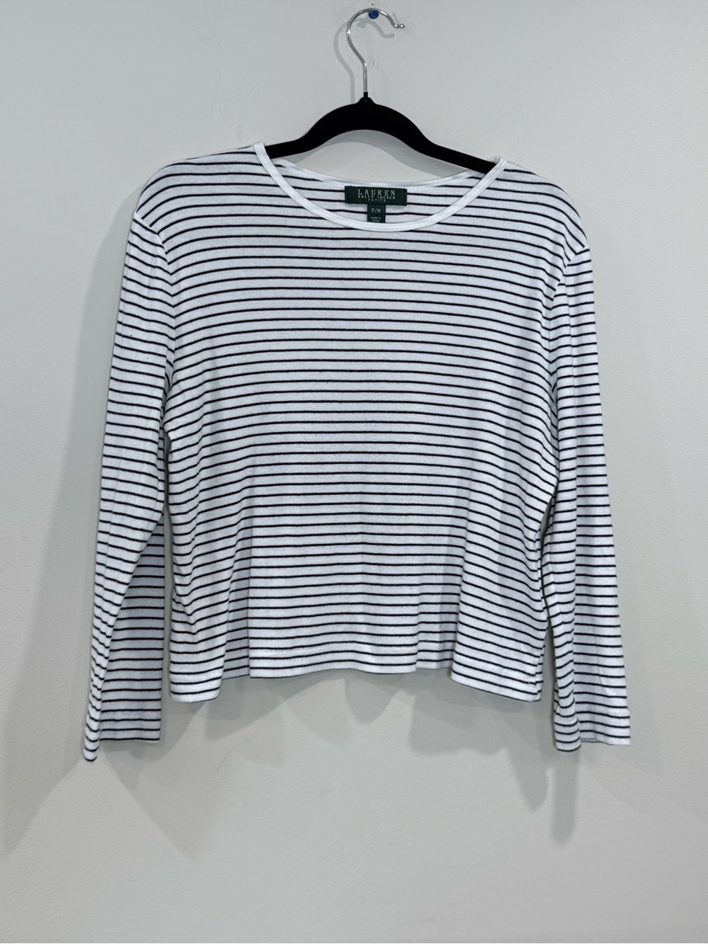 🔥Lauren Ralph Lauren White & Black Striped Long-Sleeve Top Size PM EUC 🔥